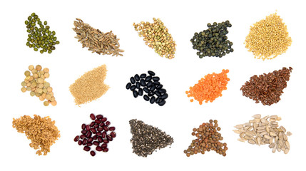 Collection of Cereal Grains and Seeds : Rye, Wheat, Barley, Oat, Sunflower, Corn, Flax, Poppy, Millet close up isolated on white
