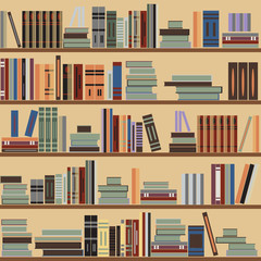 Vector seamless bookshelf pattern, random books on shelves, beige background. Design for websites, textile, fabric, brochures, booklets, invitation cards, flyers
