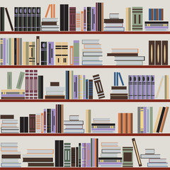 Vector seamless bookshelf pattern, random books on shelves, grey background. Design for websites, textile, fabric, brochures, booklets, invitation cards, flyers