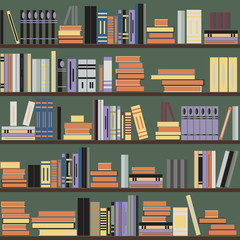 Vector seamless bookshelf pattern, random books on shelves, green background. Design for websites, textile, fabric, brochures, booklets, invitation cards, flyers