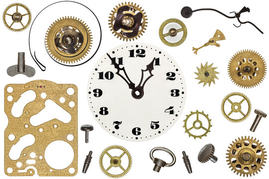 Spare parts for clock. Metal gears, cogwheels, clock face and ot