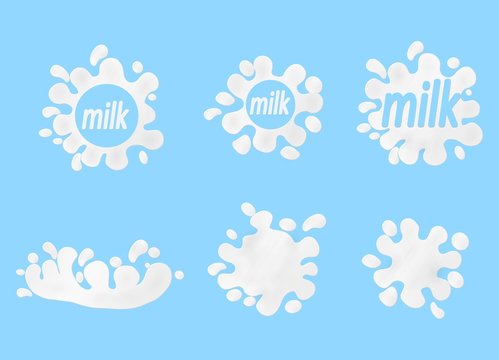 Milk, yogurt or cream blots set. White smudges splashes drops on blue background. Spiral round and abstract curves forms