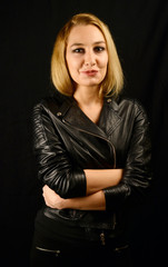 Fototapeta premium smiling blonde Woman with casual Leather cloathing