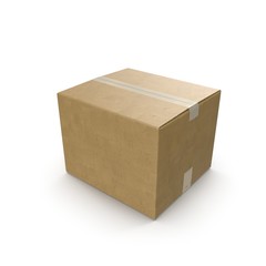 Closed cardboard box taped up and isolated on a white.