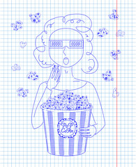 Girl in 3D glasses eating delicious popcorn from a big  striped