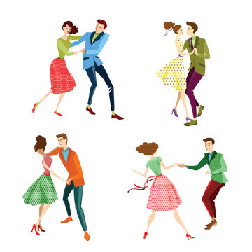 set of illustrations couples dancing lindy hop  in retro styles