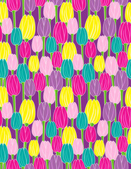 colorful tulips on purple background seamless vector pattern
