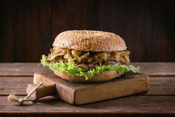 Bagel with stew and fried onion