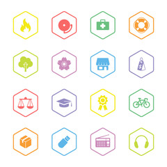 colorful flat safety and miscellaneous icon set with hexagon frame for web design, user interface (UI), infographic and mobile application (apps)