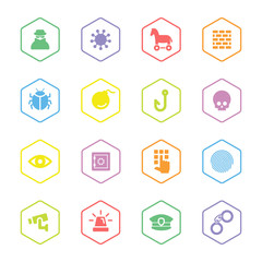 colorful flat security icon set with hexagon frame for web design, user interface (UI), infographic and mobile application (apps)