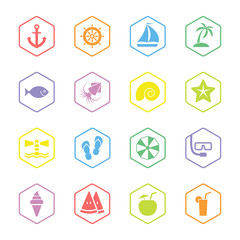 colorful flat beach and summer icon set with hexagon frame for web design, user interface (UI), infographic and mobile application (apps)