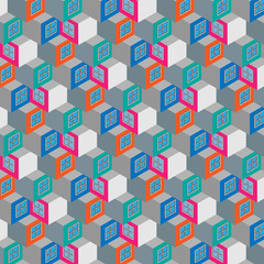 Colorful flat isometric city seamless pattern. Vector illustration.