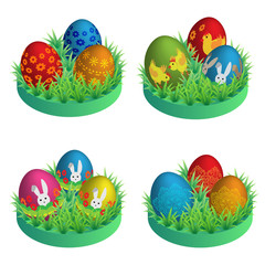 Easter eggs in the grass.  Set icon. Isometric view, Vector illustration,