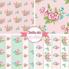 Shabby Chic Rose Patterns. Set seamless pattern. Vintage floral pattern, backgrounds. Vector illustration