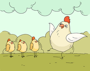 Obraz na płótnie Canvas Doodle funny hen and chikens standing together. Cartoon chiken family walking on countryside. Hand drawn vector illustration.