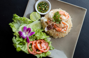 Fried rice with shrimp, squid, sea food, Thailand.