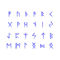 Alphabet with ancient Old Norse runes (Futhark) Set of 24 scandinavian and germanic letters on square white landscape background.