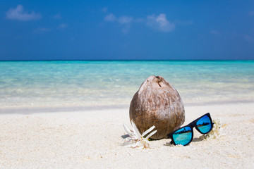Fototapeta na wymiar Kokosnuss mit Sonnenbrille und Blume am Strand