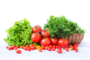 Fresh vegetables. Tomatoes and fresh herbs in a spray of water.