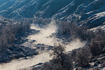 Fototapeta na wymiar Katun river in the winter at dawn. Gorny Altai, Siberia.