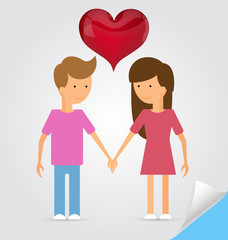 Love marriage couple and red heart between of them. Flat style