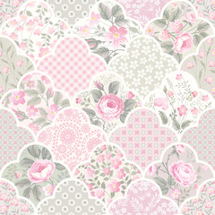seamless floral patchwork pattern with roses in pastel colors