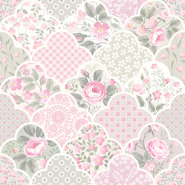seamless floral patchwork pattern with roses in pastel colors