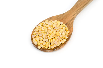 close up soy beans in spoon on white background