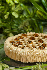 sponge cake with nuts and poppy seeds, topped with whipped cream, on a pedestal of glass