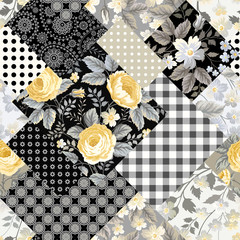 seamless patchwork floral pattern with yellow roses - obrazy, fototapety, plakaty