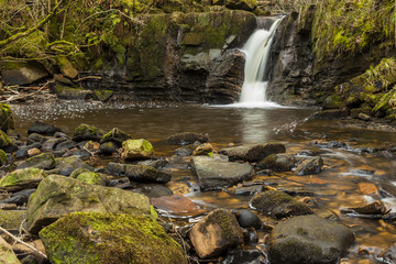 Waterfall on Hareshaw Burn near Bellingham in the county of Northumberland, England, UK.