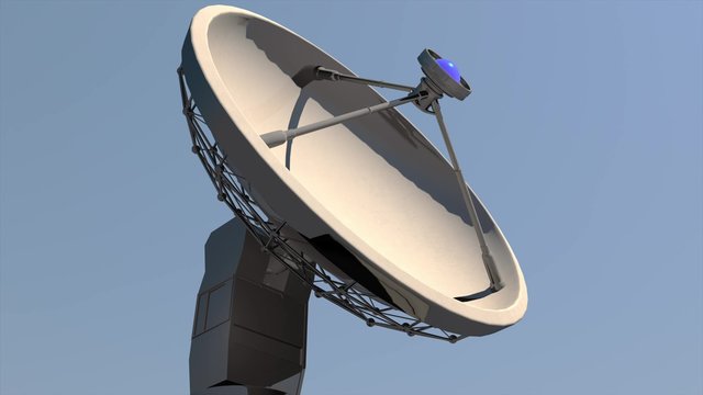 4K Radio Telescope Antenna Observatory Array, Dish rotating towards clean blue daytime sky 