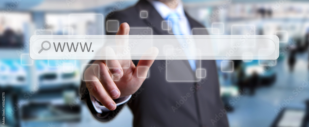Wall mural man surfing on internet with digital tactile web address bar