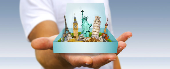Young man holding travel box in his hand