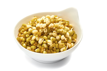 Young mung bean sprouts in white bowl isolaten on white background.