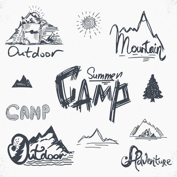 Hand-Drawn vintage lettering label with mountains, forest and su