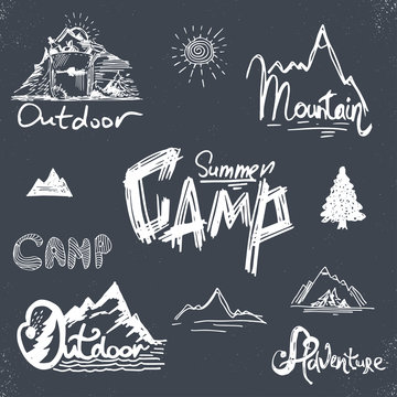 Hand-Drawn vintage lettering label with mountains, forest and su