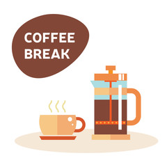 Coffe break. Tea time illustration: tea icon, coffee, cup, teapot. Purple tea party, morning, afternoon time. English tea and coffee and cake. Isolated symbol teapot and cup on white. 