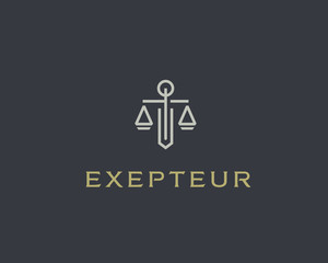 Law firm line trend logo icon vector design. Universal legal, lawyer, scales sword column idea creative premium symbol. 