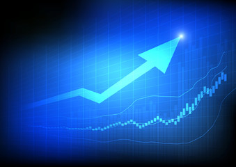 Vector : Candle sticks and graphs with arrow on blue  business b