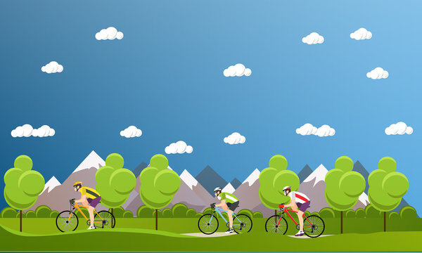 Group of bicycle riders on bikes in mountains and park. Biking sport concept cartoon banners. Vector illustration flat style design