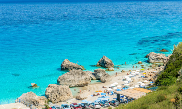 Kavalikefta Beach, Lefkada Island, Greece. Beautiful turquoise water of Kavalikefta Beach on the island of Lefkada in Greece