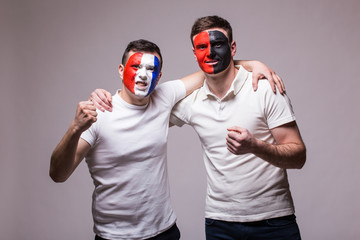 France vs Albania. Football fans of national teams friendly support before match on grey background. European 2016 football fans concept.