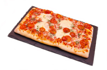 Pizza on plate slate on white background