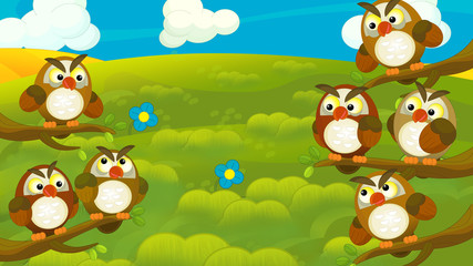 Cartoon nature scene of a meadow - with owls on the branches - illustration for the children