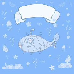 Submarine on the ocean floor with space for text - concept card. Sweet congratulation card in vector.