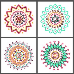 Collection of bright colorful geometric round ethnic decorative elements. Vector mandala backgrounds with bohemian, Oriental, Indian, Arabic, Aztec motifs.
