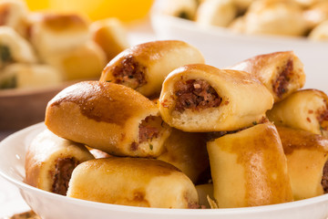 Brazilian snack. Pepperoni snacks portion.