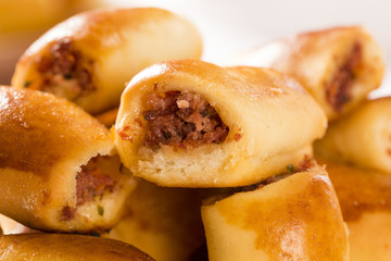 Brazilian snack. Pepperoni snacks portion.