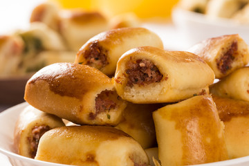 Brazilian snack. Pepperoni snacks portion.